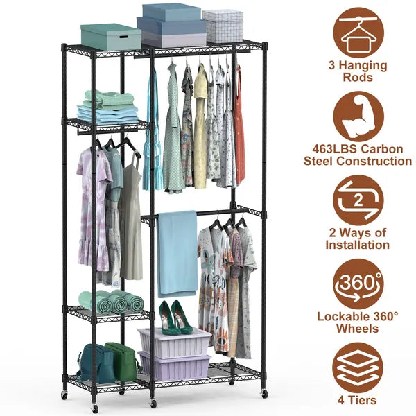 4 Tier Heavy Duty Garment Rack With Wheels Carbon Steel Clothing