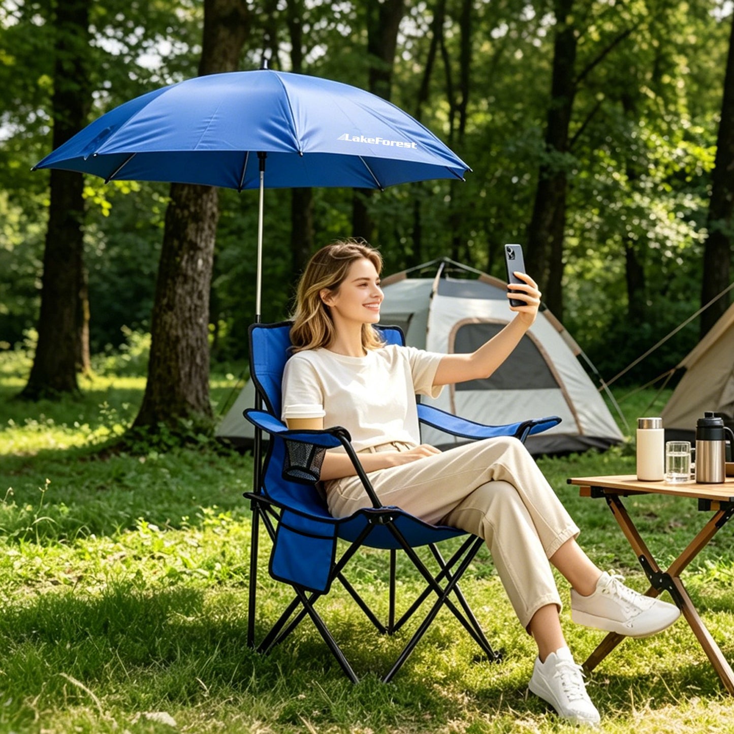 Foldable Camping Chair with Umbrella & Cup Holder - 330LBS