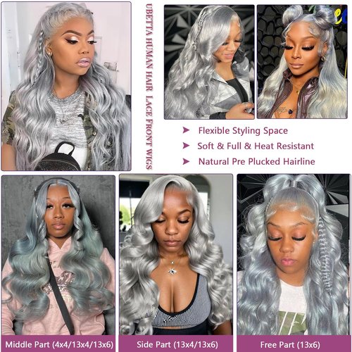 Ubetta Grey Lace Front Wig Human Hair Body Wave Silver Grey 13x6 Lace Front Wigs Human Hair, Glueless Gray Wig Human Hair Pre Plucked 20 Inch Body Wave Gray Wigs for Black Women 180% Density