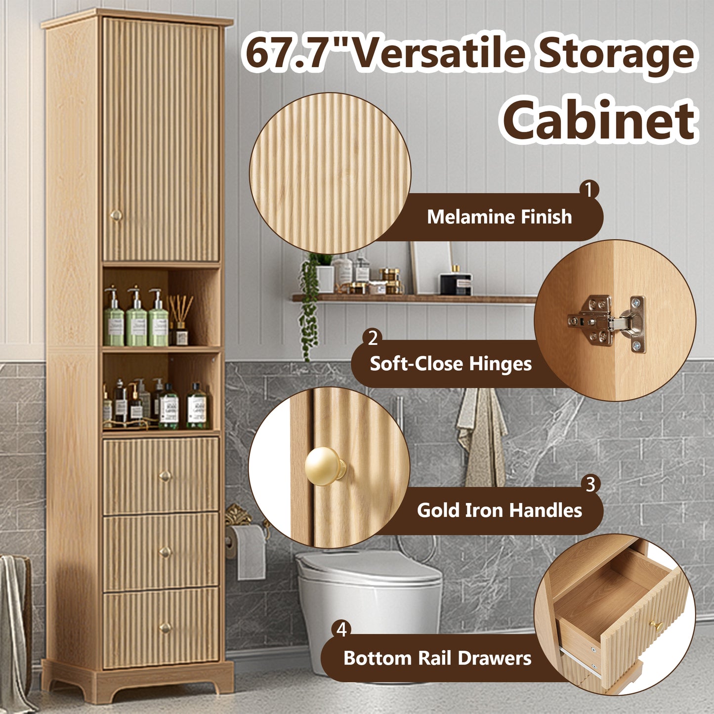 67.7" Tall Freestanding Bathroom Cabinet - 1 Door, 3 Drawers, Gold Metal Handles