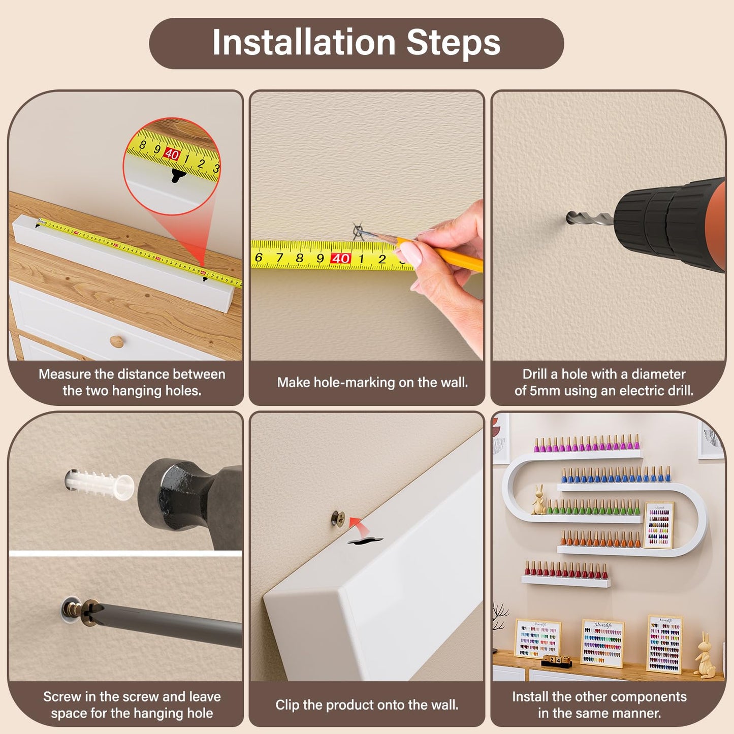 Noverlife 3 Packs U Shape Nail Polish Wall Rack, Metal Nail Polish Organizer Wall Nail Polish Shelves, 5 Tiers Nail Polish Wall Display Makeups Lipstick Perfume Wall Shelf for Home Spas Nail Salon