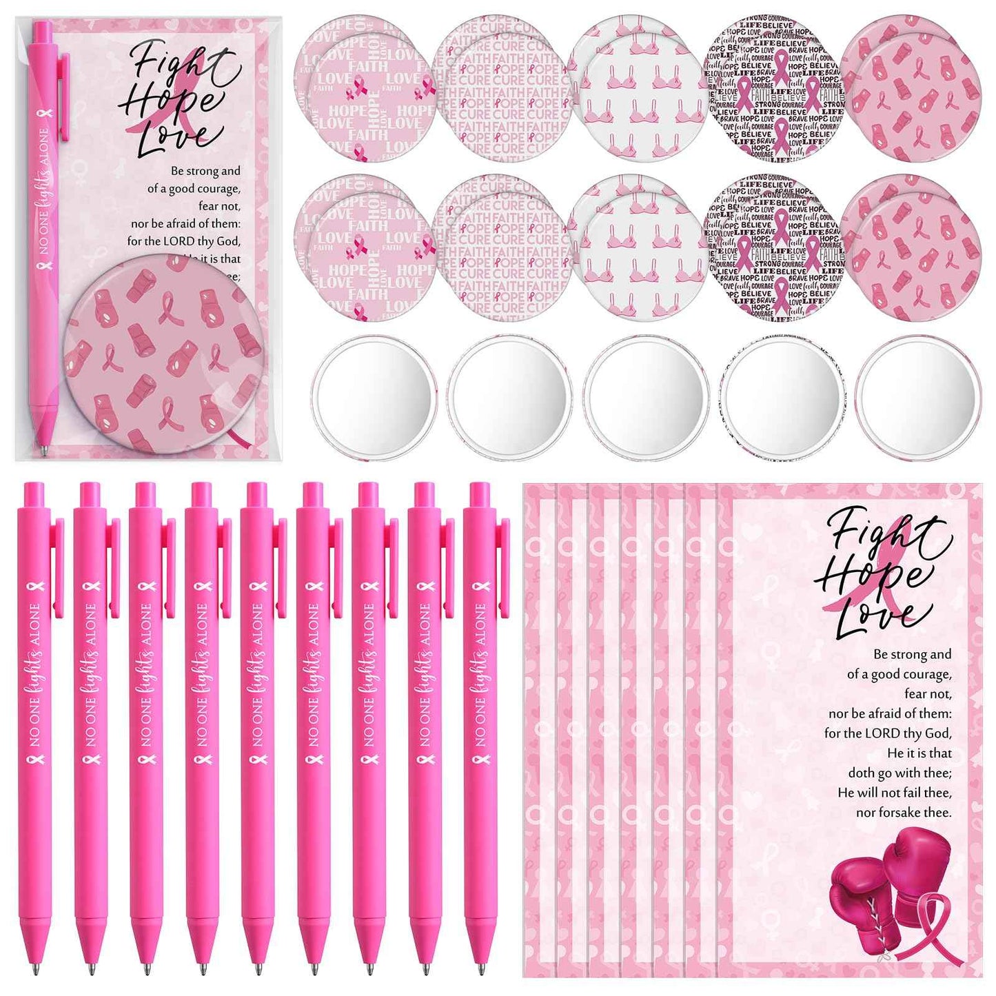 Pinkunn 100 Sets Breast Cancer Awareness Accessories Bulk Breast Cancer Gift for Women Compact Mirrors with Pink Ribbon Boxing Glove Design, Ballpoint Pens, Motivational Cards Charity Party Favors