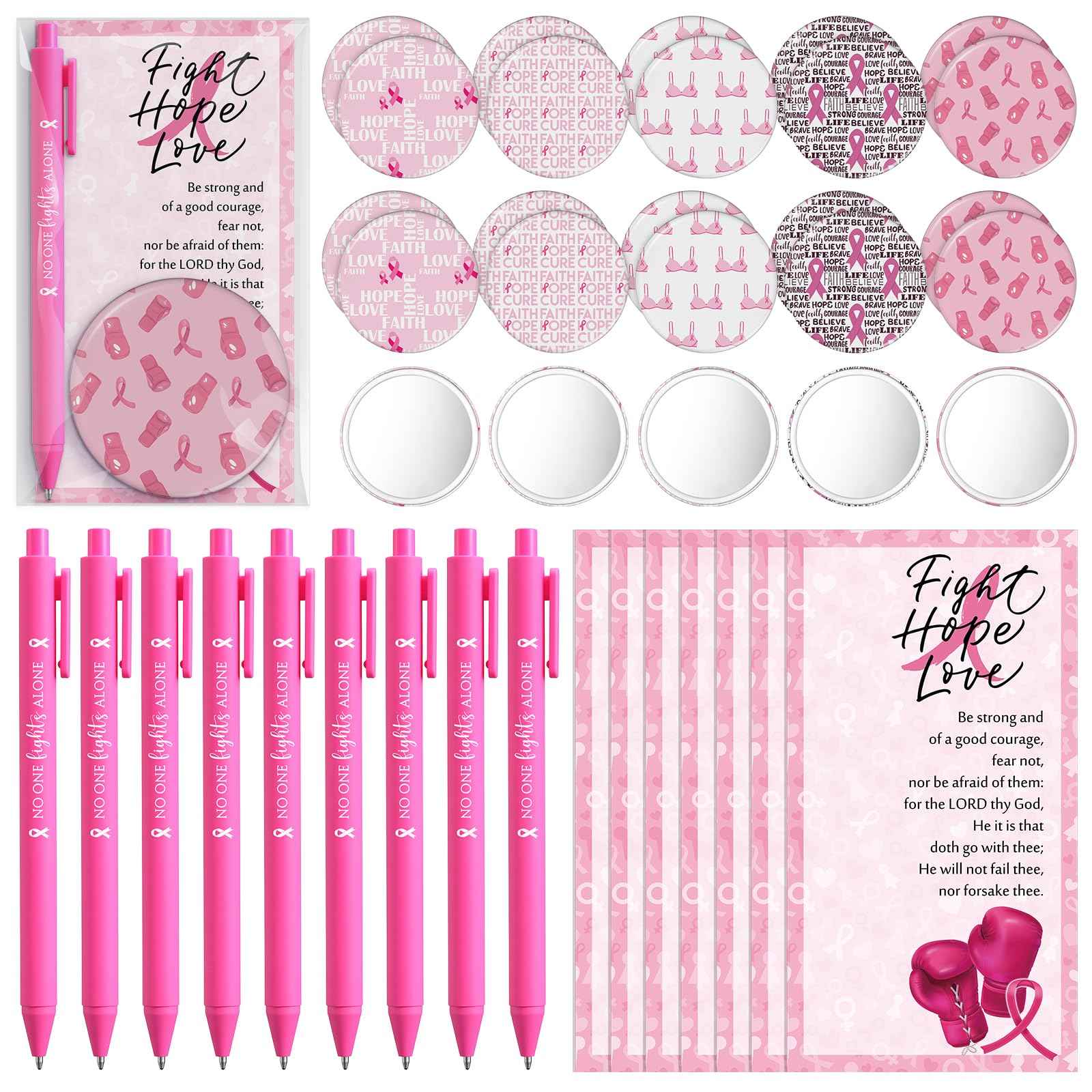 Pinkunn 100 Sets Breast Cancer Awareness Accessories Bulk Breast Cancer Gift for Women Compact Mirrors with Pink Ribbon Boxing Glove Design, Ballpoint Pens, Motivational Cards Charity Party Favors