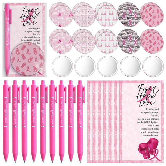 Pinkunn 100 Sets Breast Cancer Awareness Accessories Bulk Breast Cancer Gift for Women Compact Mirrors with Pink Ribbon Boxing Glove Design, Ballpoint Pens, Motivational Cards Charity Party Favors