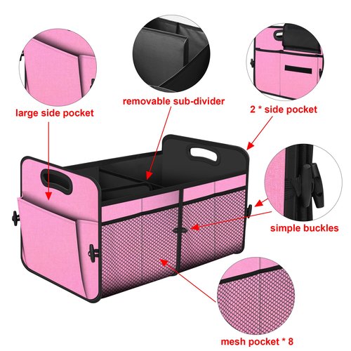 Femuar Car Trunk Organizer,Car Storage Organizer with 72L Large Capacity Waterproof Collapsible and 11 Pockets,Trunk Organizer for Car Suv/Jeep/Sedan, Large Size, Pink