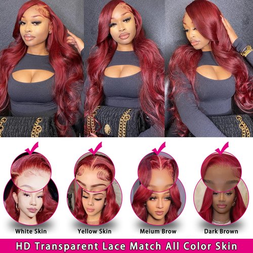 99J Burgundy Lace Front Wigs Human Hair 200 Density 30 Inch 13x4 Body Wave HD Lace Front Wigs Human Hair With Pre Plucked Glueless Red Wig Wine Red Lace Front Wigs