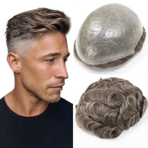 HAPPY&CC Toupee for Man Thin Skin PU Men's Hairpiece European Virgin Human Hair Replacement System Pieces Male Hair Prosthesis Unit for Men #4 Medium Brown with 40% Synthetic Gray 10x8inch