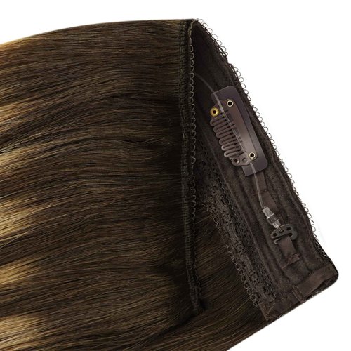 YoungSee Wire Hair Extensions Balayage Invisible Wire Hair Extensions Real Human Hair Chocolate Brown Mix Caramel Blonde Couture Hair Extension With Transparent Line 18In 80G