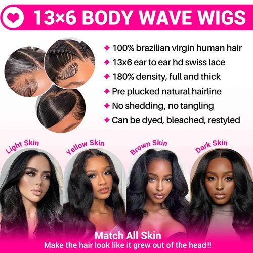 Stylifo 30 Inch 13x6 Lace Front Wigs Human Hair Body Wave Wig HD Lace Frontal Glueless Wigs Human Hair Pre Plucked with Baby Hair 180 Density Natural Black