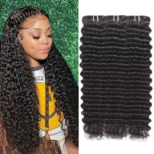 Great Grace 12A Deep Wave Human Hair Bundles 18 20 22 Inch Curly Bundles Human Hair 100% Unprocessed 3 Bundle Brazilian Virgin Human Hair Extensions Quick Weave Natural Black Color