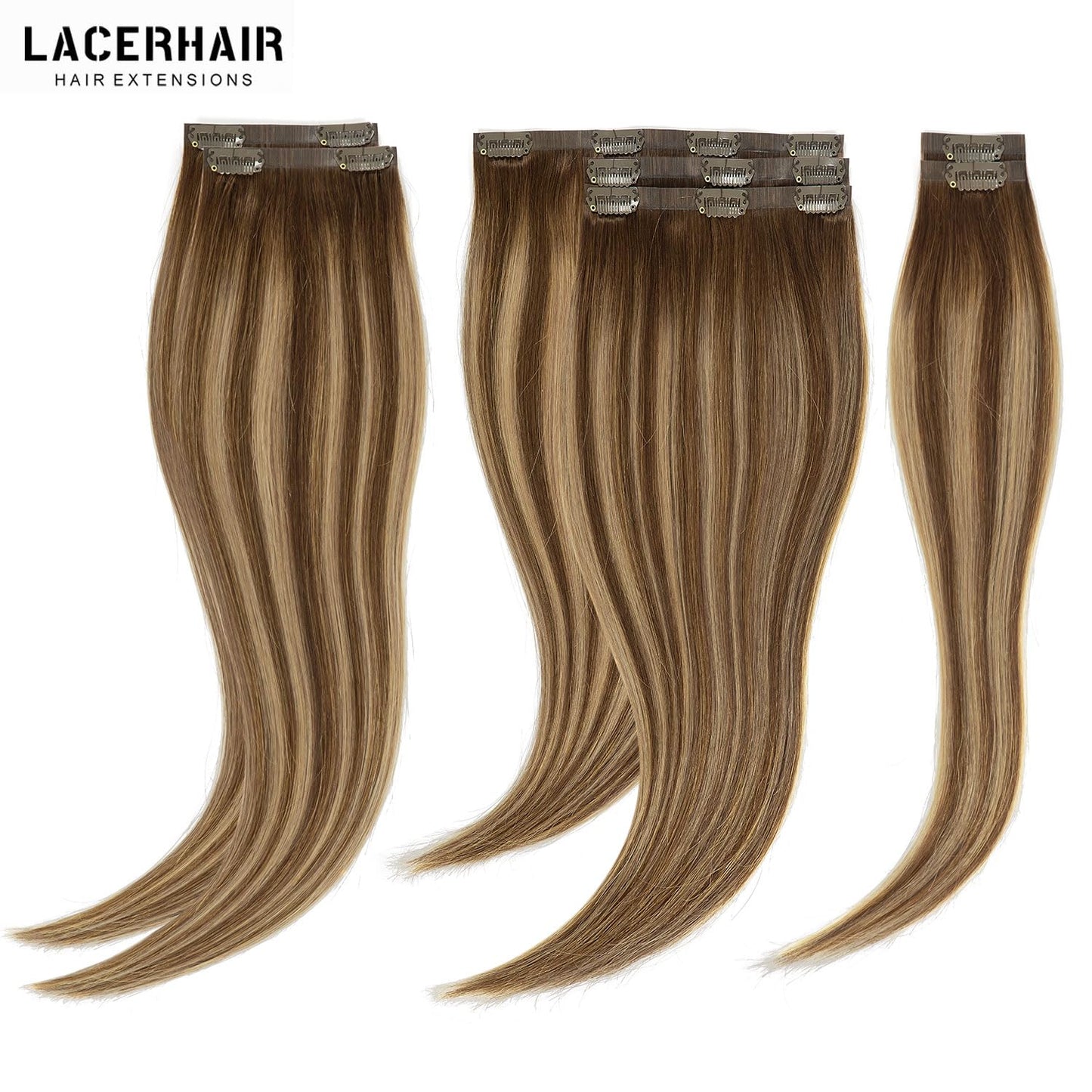 Lacer Hair Real Colored Clip in Hair Extensions Balayage Chocolate Brown to Caramel Blonde 18 Inch Clip in Invisible PU Skin Weft Remy Natural Thick Silky Straight Hair 7pcs 110g for Fashion Women