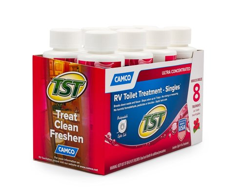 Camco TST MAX RV Toilet Treatment - Formaldehyde Free - Breaks Down Waste And Tissue - Septic Tank Safe - Treats up to 8-40 Gallon Holding Tanks -Hibiscus Breeze Scent, (8) 4 oz Bottles (41601)