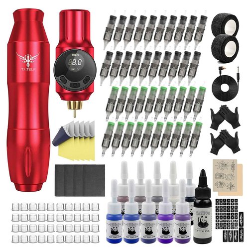 TATELF Tattoo Gun Starter kit Wireless Tattoo Kit Professional Complete Set Rotary Pen Tattoo Machine for Beginners 40pcs Cartridges Needle 2000mAh Tattoo Battery Pack Tattoo Supplies(Red)