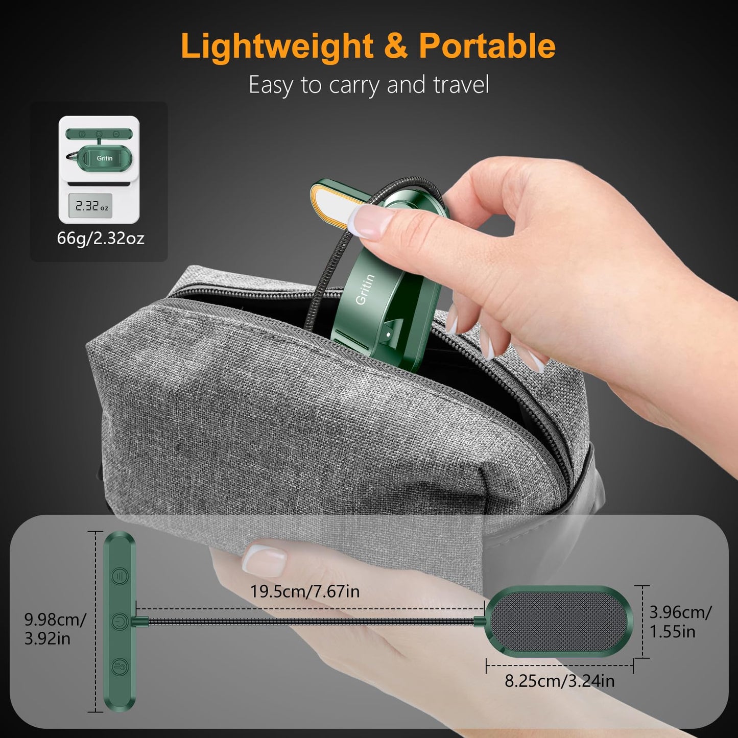 Gritin Rechargeable Book Light for Reading in Bed with 19 LED &Memory Function-Eye Caring 3 Color Temperatures,5 Brightness Levels,80 Hrs Runtime Flexible Goose Neck Clip on Light-Dark Green