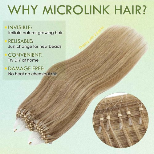 Hairro Loop Ring Human Hair Extensions Micro Link Beads Hair Balayage Highlights Keratin I Tip Pre Bonded Weft Virgin Hair 22 inch 50g 100 Strands #12P613 Golden Brown mix Bleach Blonde
