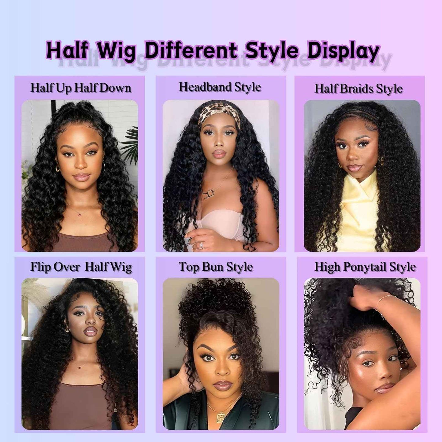 Glimeer Half Wig Human Hair Deep Wave 3 In 1 Drawstring Seamless Filp Over Curly Half Wig 200% Density Wear and Go Glueless Half Wigs for Black Women Natural Color 20 Inch