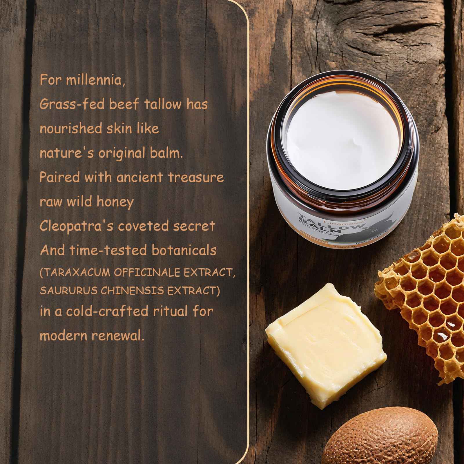 Lingmeier Beef Tallow for Skin, Tallow and Honey Balm, Organic Grass-Fed Beef Tallow for Skin with Raw Honey & Jojoba Oil, Whipped Moisturizer for Face & Body, Dry Skin Care, Non-Greasy