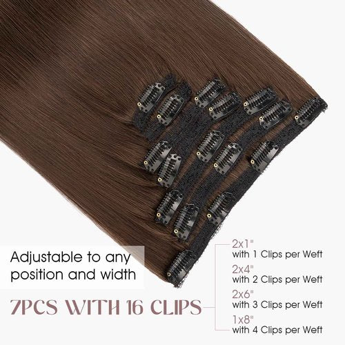 Elailite Clip in Hair Extensions Real Human Hair, Remy Hairpieces for Women, 7PCS Lace Weft Full Head, 12 Inch 90g Dark Brown
