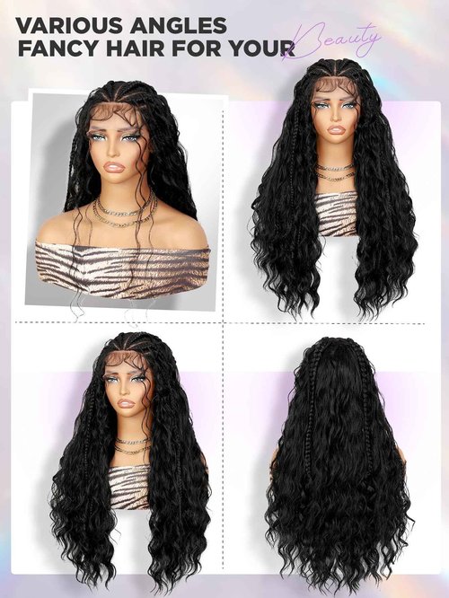 Fancy Hair Cornrow with Curly Hair Wig 26 Inch HD Lace Front Braided Wig with Baby Hair Face Framing Tendrils Pre Plucked Glueless Transparent 13x4 Inch Lace Frontal for Black Women Natural Hairstyle
