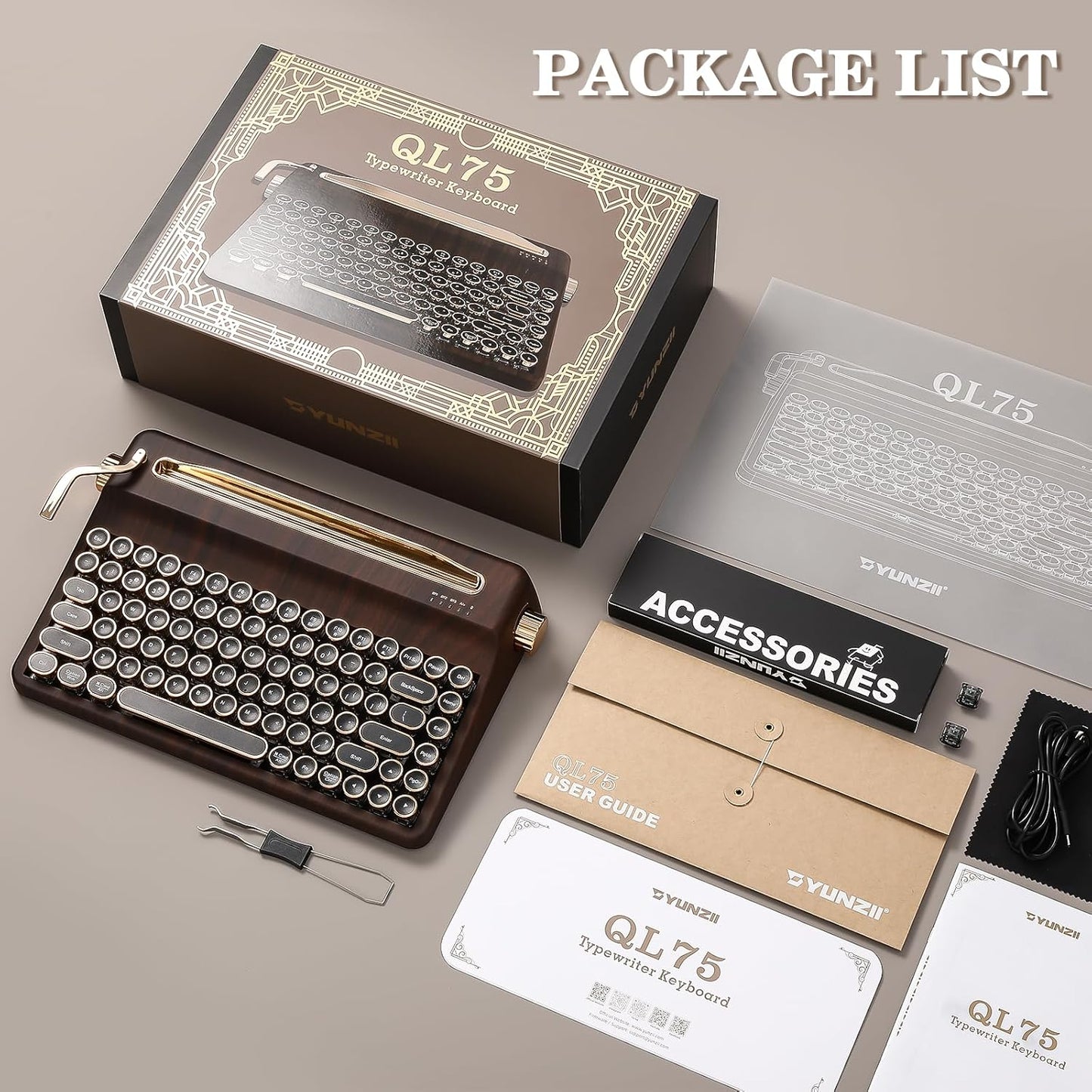 YUNZII QL75 Wireless Typewriter Hot Swap Retro Mechanical Keyboard,Punk Round Keycaps,RGB Backlit QMK/VIA Programmable,Multi-Device Keyboard with 2.4GHz/Type-C/BT5.0 (Pink, Cocoa Cream V2 Switch)