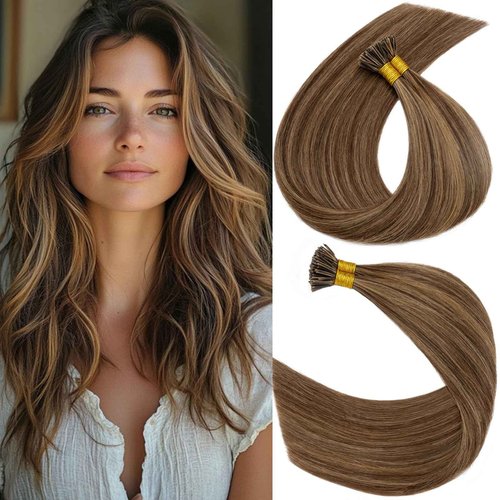 S-noilite Pre bonded I Tip Human Hair Extension for Women 100Strands 50Gram Fusion Stick Tip Remy Human Hair Piece Invisible Keratin Glue K Tip 22Inch #4P27 Medium Brown highlight Dark Blonde