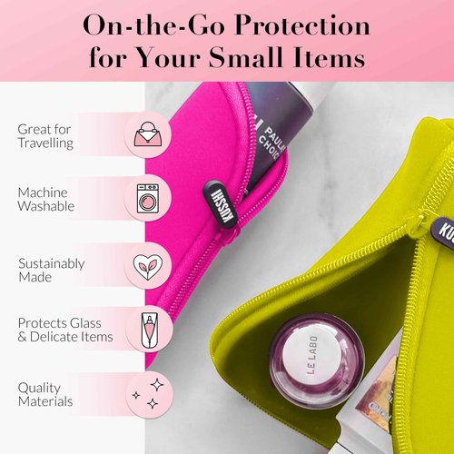 KUSSHI Neoprene Mini Makeup Pouch Set for Purse and Travel - 4 Small Travel Pouches for Delicate Bottles and Beauty Items - For Foundations, Serums, Perfumes and More (4 Pack - S, M, L, XL)