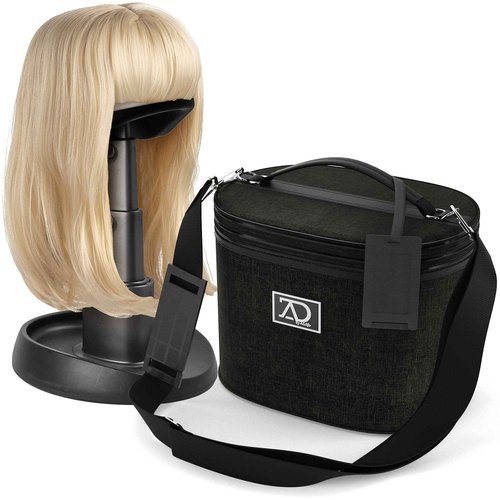 Wig Travel Case - 8"-12" High Wig Box with Collapsible Wig Stand - Dome Foam Wig Head Stand in Zipper Carrying Case w/Handle for Safe Traveling Storage of Wigs, Lace Front Cap, Toupee (Denim Black)