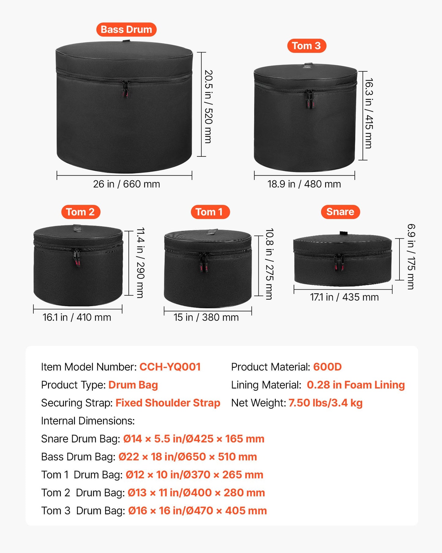 5-Piece Drum Case Set for Bass, Snare & Tom Drums - Padded, Lightweight Travel Storage