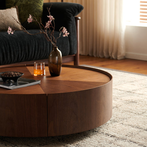 35.4-Inch Round Coffee Table - Walnut Finish for Living Room