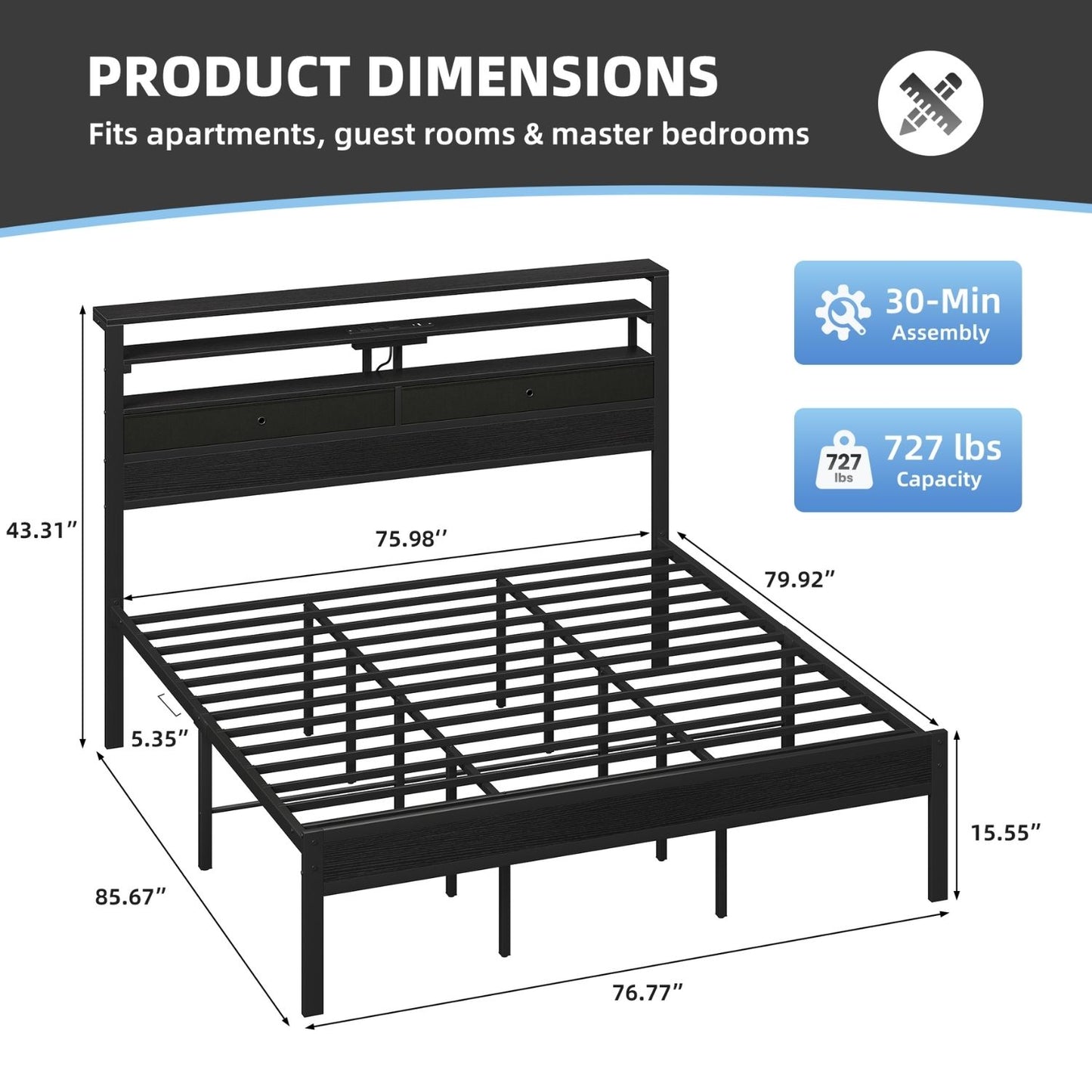 Full Bed Frame with LED Lights & Charging Station - Wood Headboard, Storage Drawers