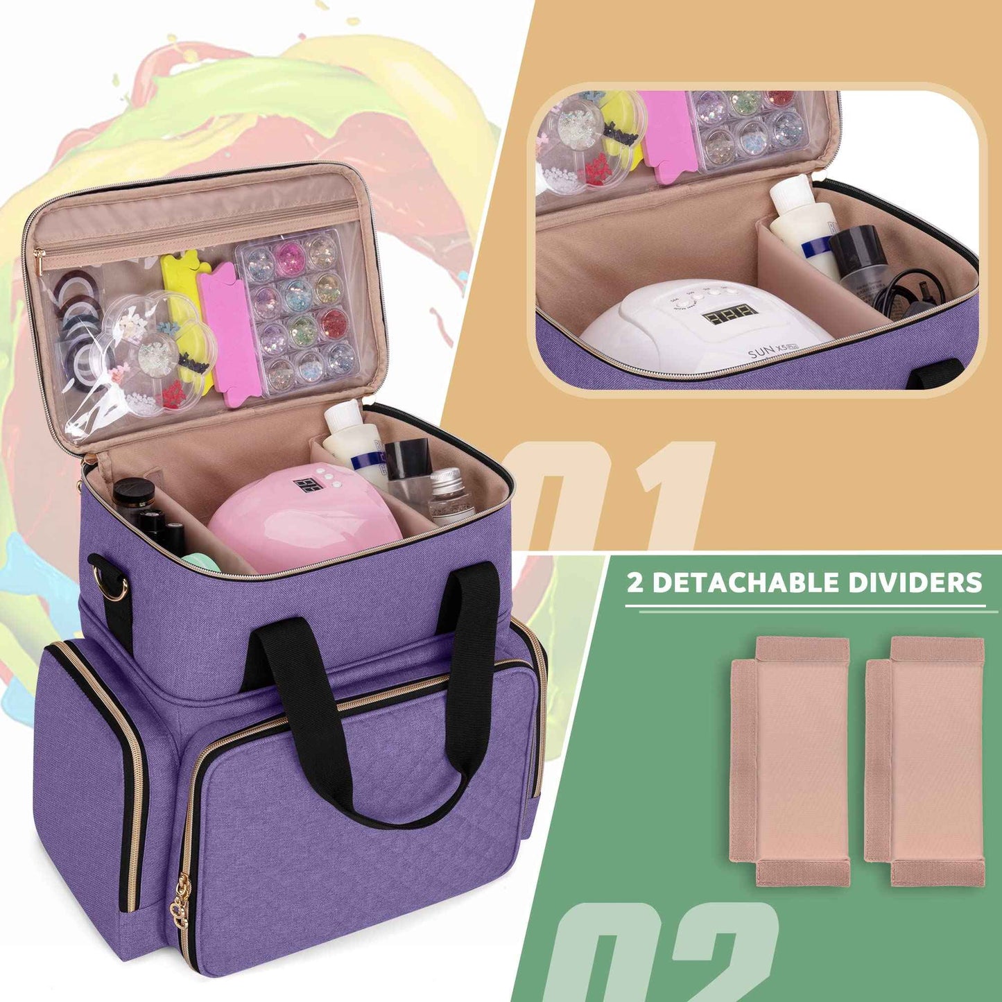 LUXJA Nail Polish Organizer Holds 70 Bottles and a Nail Lamp, Nail Polish Case with 2 Removable Bags and Tools Storage Pockets (Patent Pending), Purple