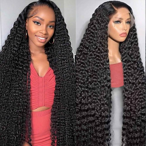 FCUFCU 28 Inch Deep Wave Lace Front Wigs Human Hair 180% Density 13x6 HD Lace Frontal Wigs Human Hair Pre Plucked with Baby Hair Deep Curly Wigs for Black Women Natural Color