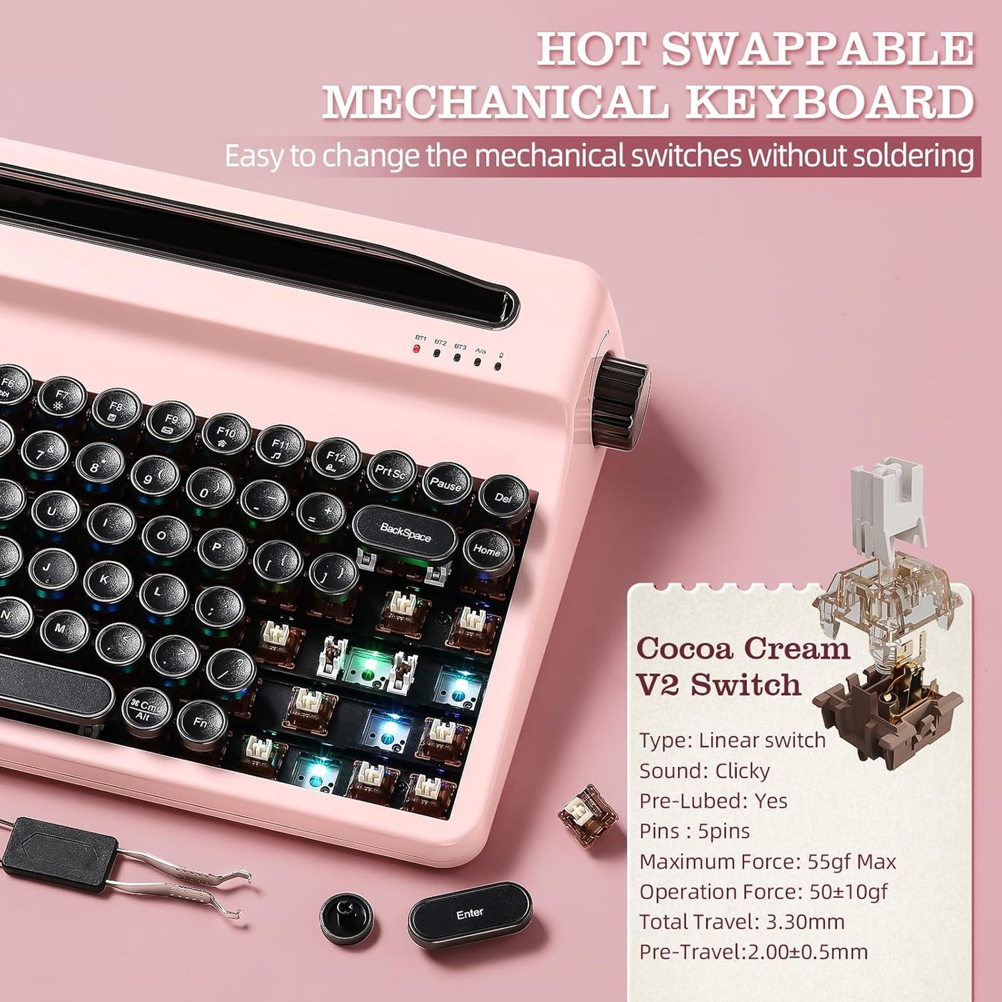YUNZII QL75 Wireless Typewriter Hot Swap Retro Mechanical Keyboard,Punk Round Keycaps,RGB Backlit QMK/VIA Programmable, Multi-Device Keyboard with 2.4GHz/Type-C/BT5.0 (Green, Cocoa Cream V2 Switch)