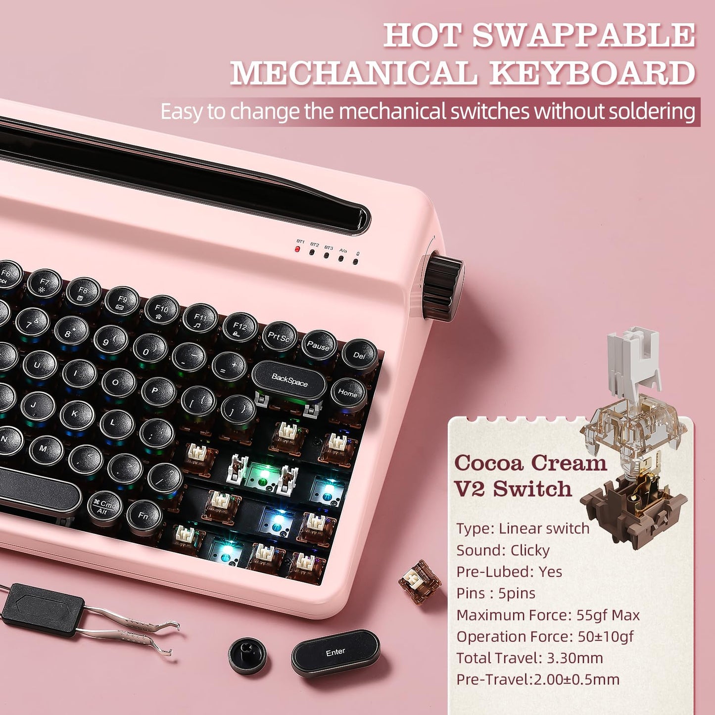 YUNZII QL75 Wireless Typewriter Hot Swap Retro Mechanical Keyboard,Punk Round Keycaps,RGB Backlit QMK/VIA Programmable,Multi-Device Keyboard with 2.4GHz/Type-C/BT5.0 (Pink, Cocoa Cream V2 Switch)
