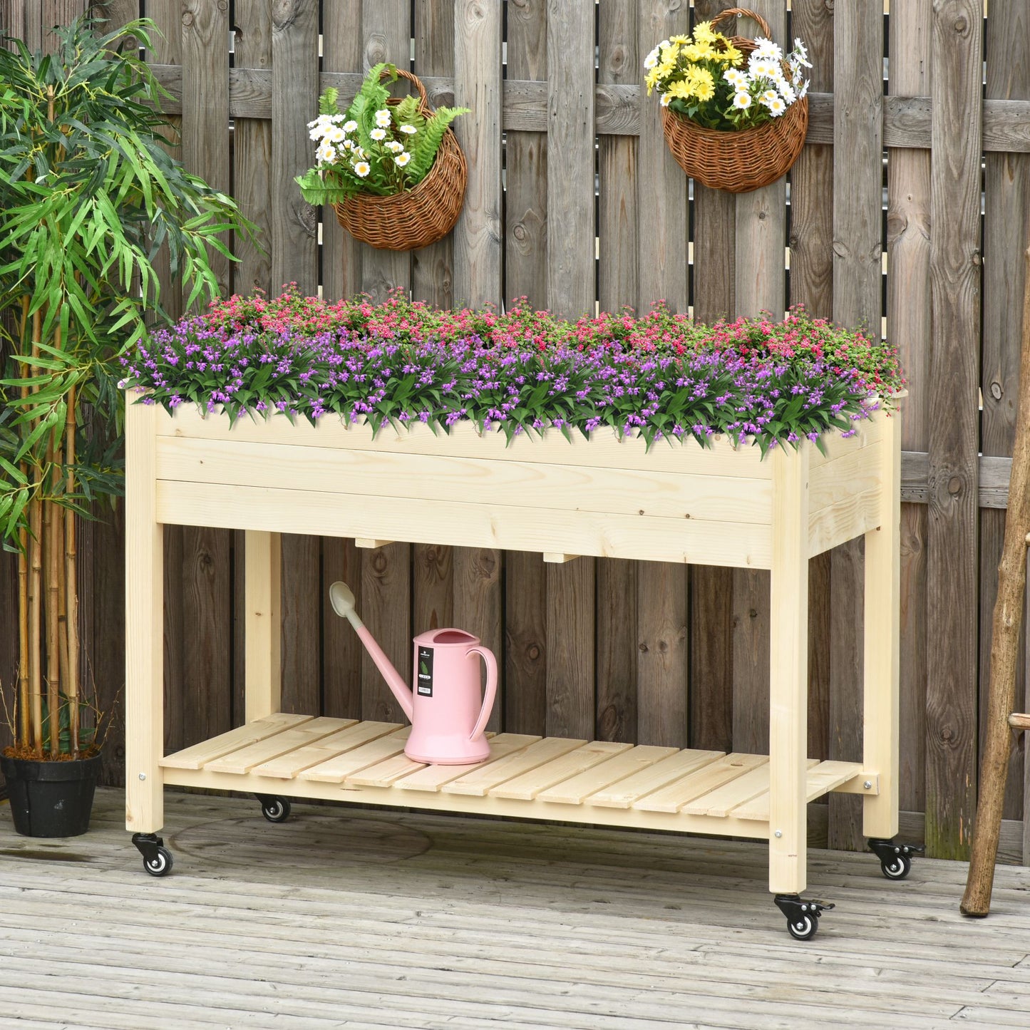 Raised Garden Bed with Lockable Wheels 47x22x33 Inches Wooden Planter Box