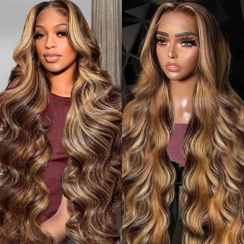 Fuduete 250% Density Honey Blonde Body Wave Lace Front Wig Human Hair 4/27 Highlight Ombre Lace Front Wigs 13x6 Glueless HD Transparent Lace Frontal Wig for Women Pre Plucked with Baby Hair (22inch)