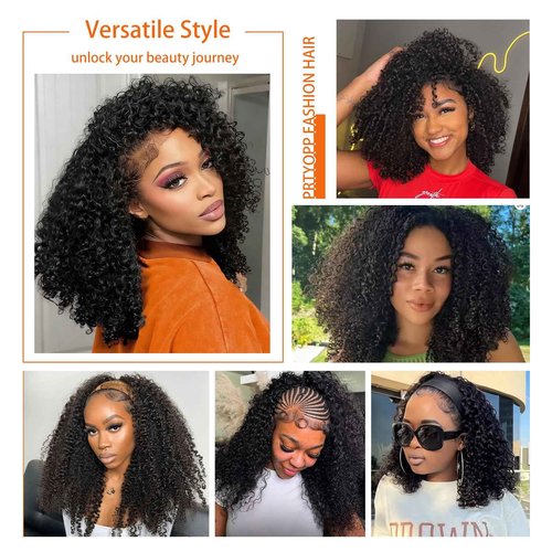 Prtyopp Kinky Curly Half Wig Human Hair Curly 3 In 1 Glueless Drawstring Seamless Flip 20 Inch Half Wigs Headband Wig for Women Beginner Friendly 200 Density