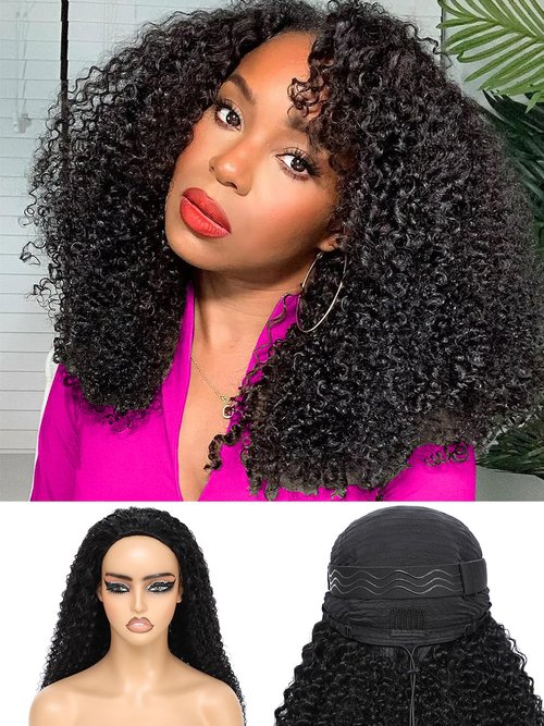 Fayniss Kinky Curly Half Wig Human Hair 3 In 1 Seamless Flip Over Half Wigs Human Hair Glueless Wear and Go 220 Density Beginner Friendly Drawstring Headband Wig for Women (KC Half Wig, 16 Inch)