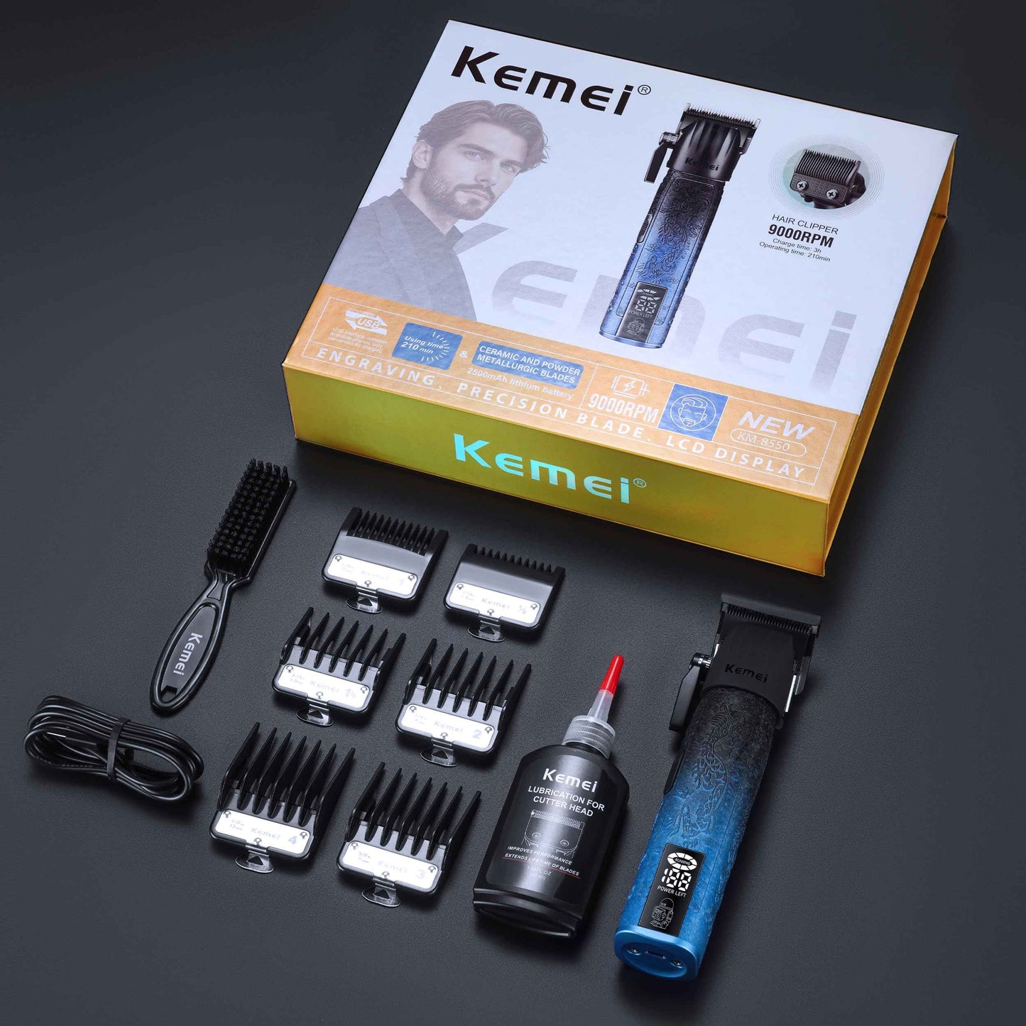 KEMEI 8550 Professional Hair Clippers for Men, Cordless Barber Clippers with LED Display, 9000 RPM Hair Trimmer with Ceramic & Powder Metallurgic Blades, 2500 mAh Hair Clipper for Barbers Haircut Kit