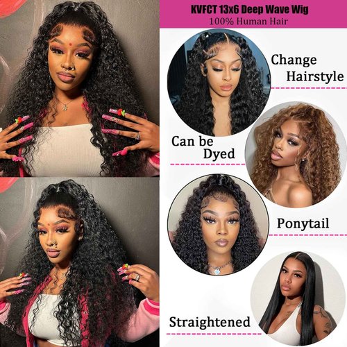 KVFCT 13x6 HD Lace Front Wigs Human Hair Deep Wave Wig for Women 200% Density Transparent Curly Lace Front Wigs 24 Inch Deep Wave Frontal Wigs Pre Plucked Wet and Wave Lace Front Wigs with Baby Hair