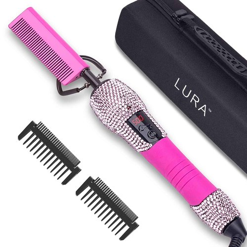 LURA Pink 180-500°F Hot Comb Electric for Wigs,Straightening Comb for African American Hair,Pressing Combs,Bling Diamonds Hair Straightener Brush for Women