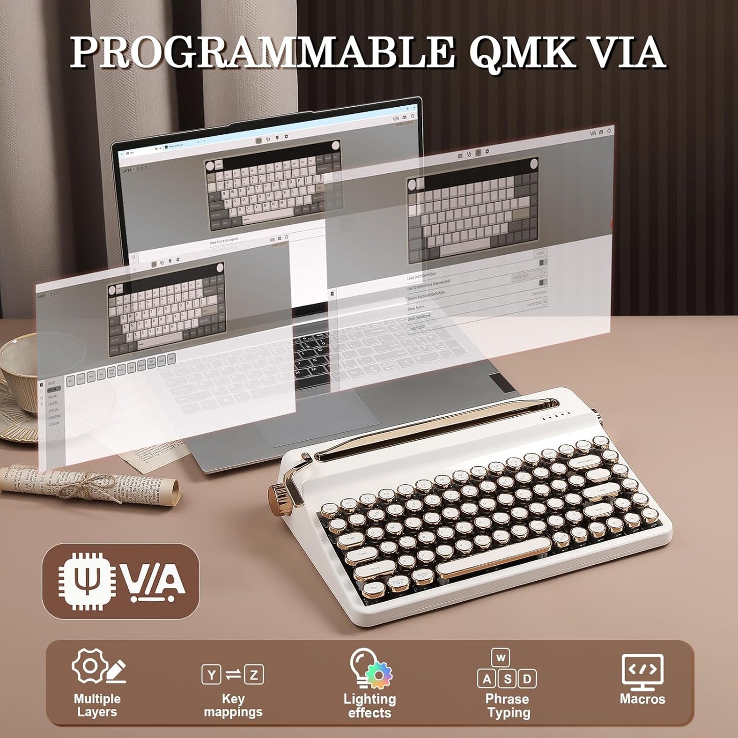 YUNZII QL75 Wireless Typewriter Hot Swap Retro Mechanical Keyboard,Punk Round Keycaps,RGB Backlit QMK/VIA Programmable, Multi-Device Keyboard with 2.4GHz/Type-C/BT5.0 (Wood, Cocoa Cream V2 Switch)