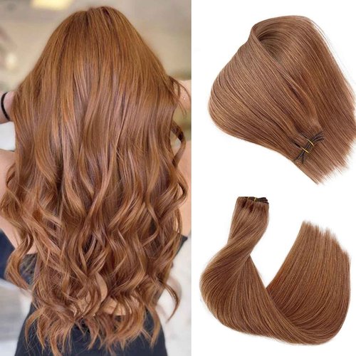Auburn Hair Weft Sew in Extensions Remy Human Hair Hand Tied Weft Hair Extensions 20 Inch 100G Soft Straight Auburn Brown Sew in Human Hair Extensions Real Hair Weave Bundles for Women