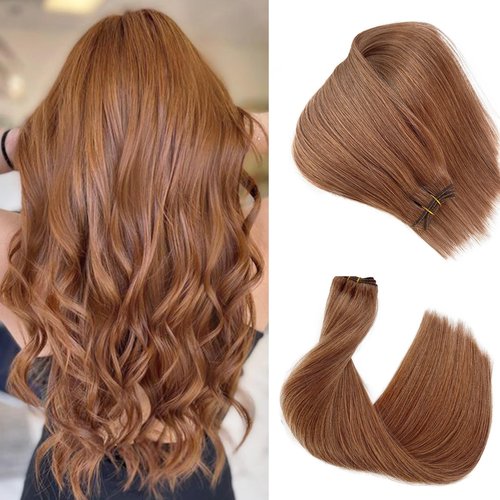 Auburn Brown Long Straight Real Human Hair Weft Hair Extensions Sew in, 22 Inch 120G Hand Tied Sew in Hair Extensions Human Hair Full Head Auburn Brown Weft Human Hair Bundles for Women