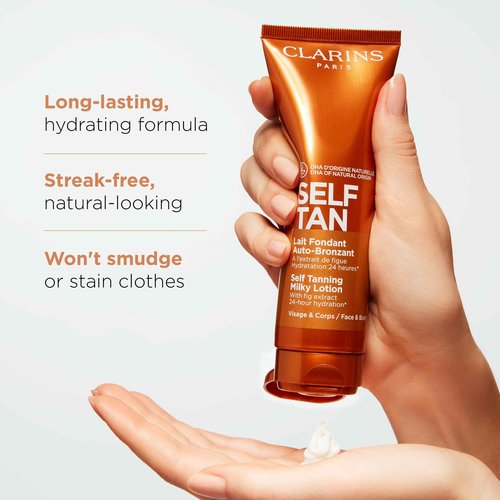 Clarins Self Tanning Milky Lotion and Exfoliating Body Scrub for Smooth Skin Bundle | Self Tanner for Face and Body | Buildable Tan | Softening and Smoothing Body Scrub | All Skin Types
