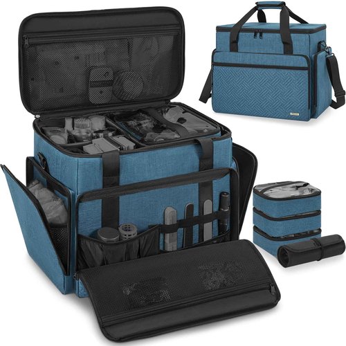 FREEAMG Extra Large Makeup Case with 4 Removable Pouches, Professional Make up Train Case,Travel Cosmetic Bag for Hairstylists Nail Tech Makeup Artist with Shoulder Strap and Handle （Blue）（Bag only）
