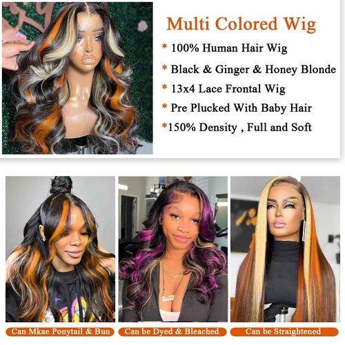 Black Ginger Blonde Highlight Wig Human Hair 13x4 Transparent Lace Front Skunk Stripe Wig Body Wave Glueless Pre Plucked Bleached Knots Lace Frontal Wig Black Honey Blonde Ginger Highlight Wig 20 Inch