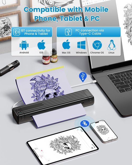 PokeLabel Wireless Tattoo Stencil Printer, Thermal Tattoo Transfer Printer TP83 with 10Pcs Transfer Paper, Bluetooth Tattoo Printer Machine Kit Compatible with iOS＆Android Phone & PC