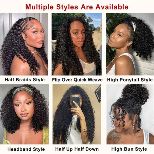 BLG Burmese Curly Half Wig Human Hair 300% Density 3 In 1 Human Hair Half Wigs for Women 16 Inch Curly Seamless Wear and Go Glueless Drawstring Wig Natural Color Quick Install Beginners Friendly Wigs