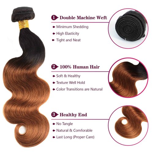 Ombre Body Wave Bundles Human Hair 1B/30 Brazilian Virgin Human Hair Two-tone Dark Root To Blonde Brown Body Wave 3 Bundles Unprocessed Remy Hair Extensions for Women (T1b/30, 10 12 14 inch)
